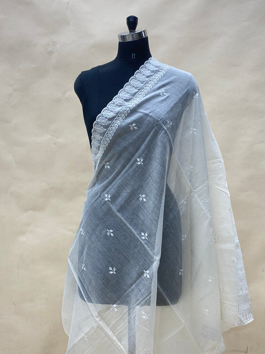 Gracious Exquisite Floral Thread Embroidery On Off White Chanderi Dupatta