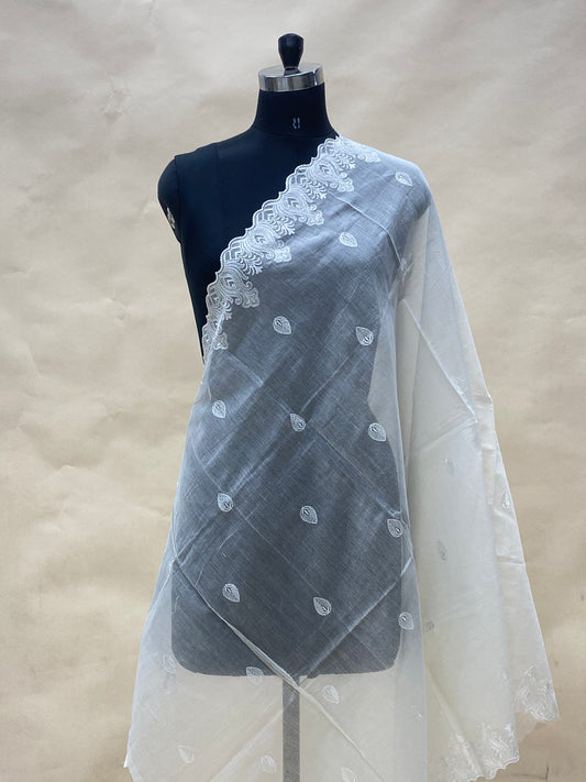 Magnificent Gorgeous Leafy Thread Embroidery On Off White Chanderi Dupatta