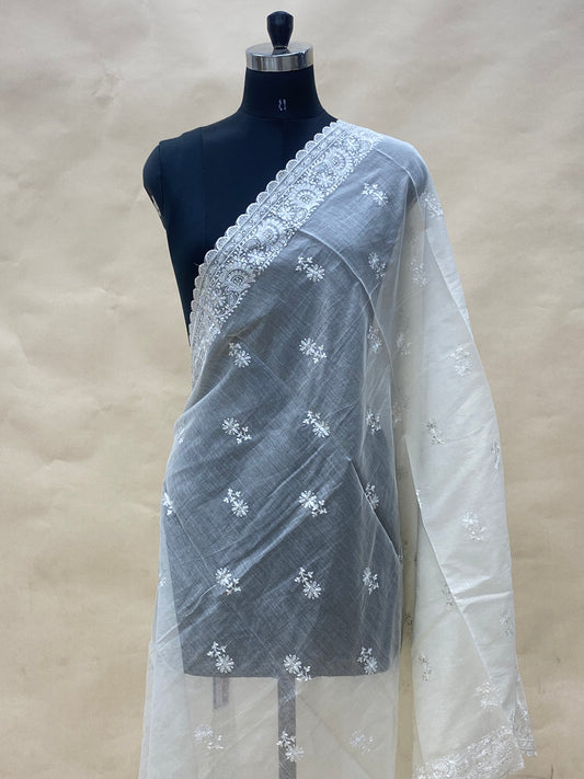 Beautiful Dashing Floral Thread Embroidery On Off White Chanderi Dupatta