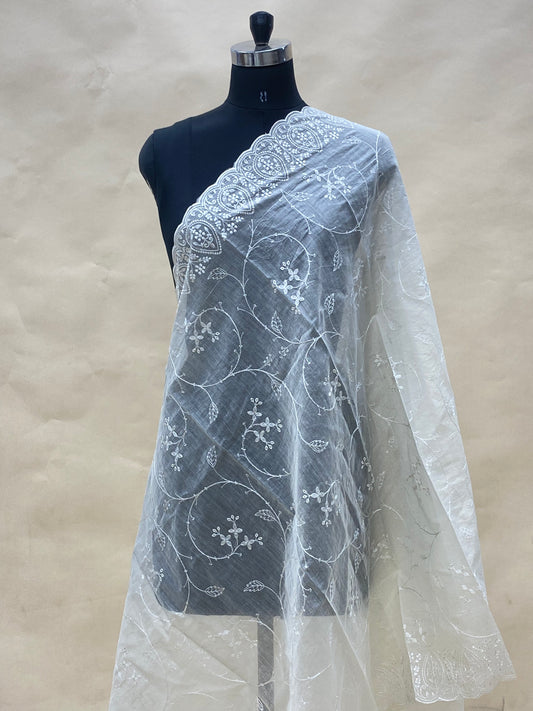 Pretty Elegant Floral Thread Embroidery On Off White Chanderi Dupatta