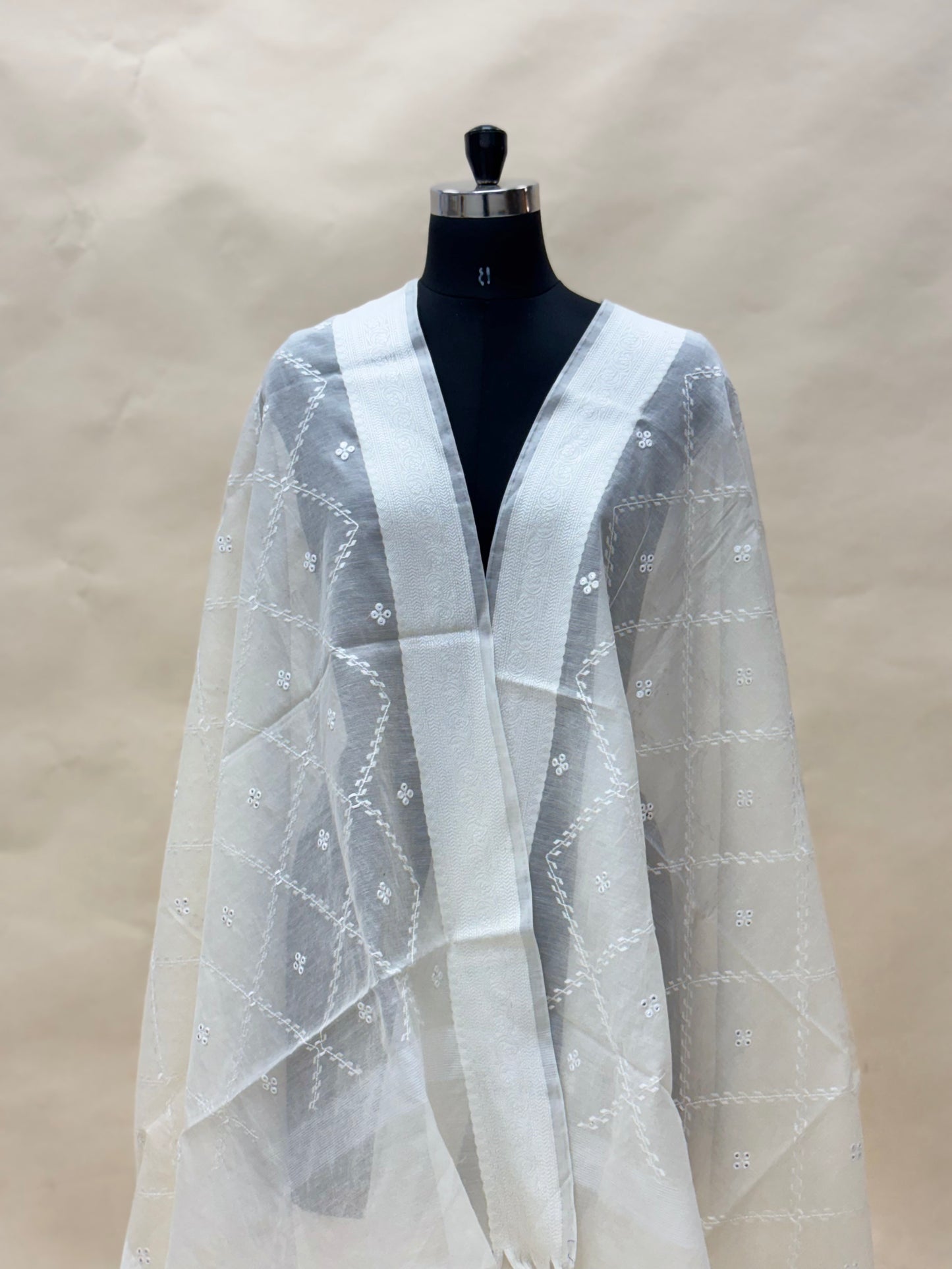 Beautiful Adorable Zig Zag Thread Embroidery On Off White Chanderi Dupatta