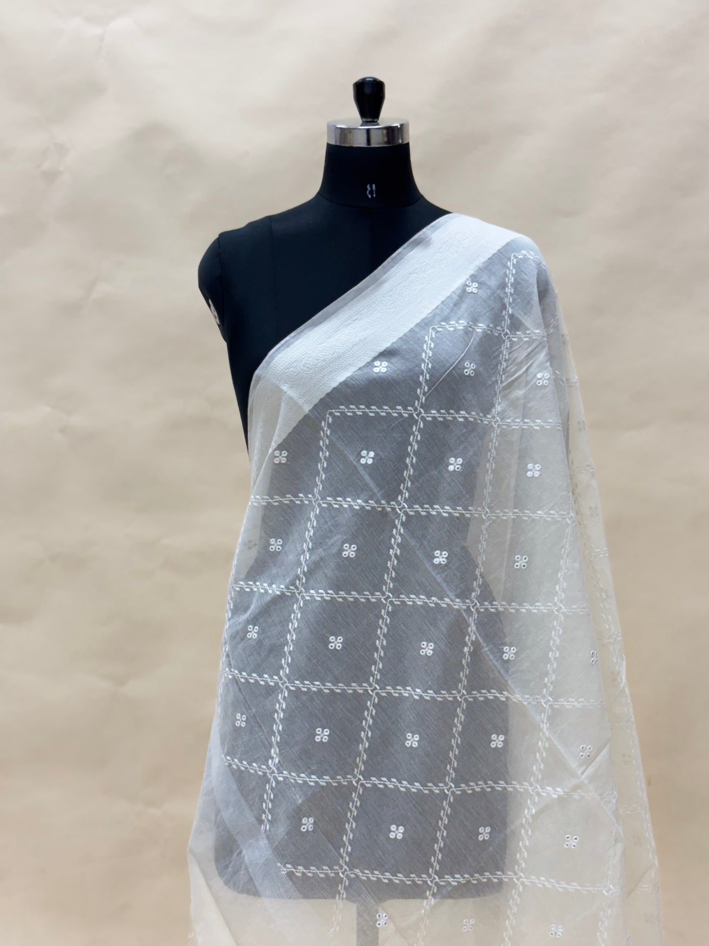 Beautiful Adorable Zig Zag Thread Embroidery On Off White Chanderi Dupatta