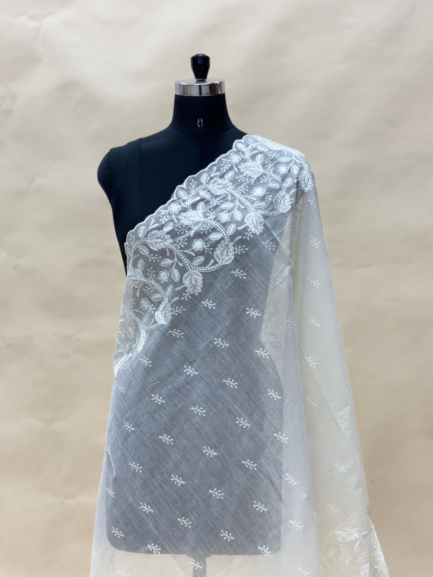 Classic Delicate Floral Thread Embroidery On Off White Chanderi Dupatta