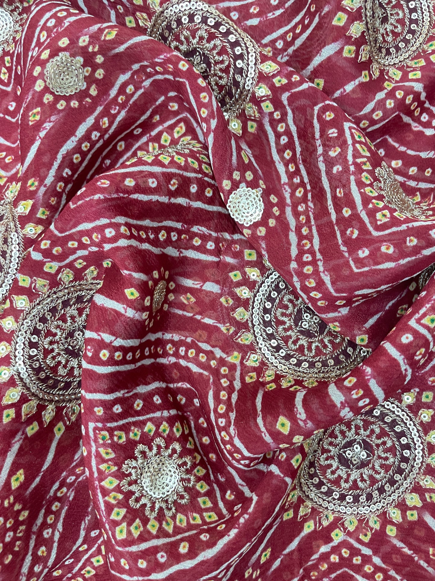 Premium Traditional Bandhani Print With Zari Work On Chinon Fabric