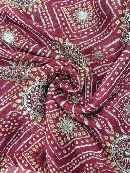 Premium Traditional Bandhani Print With Zari Work On Chinon Fabric