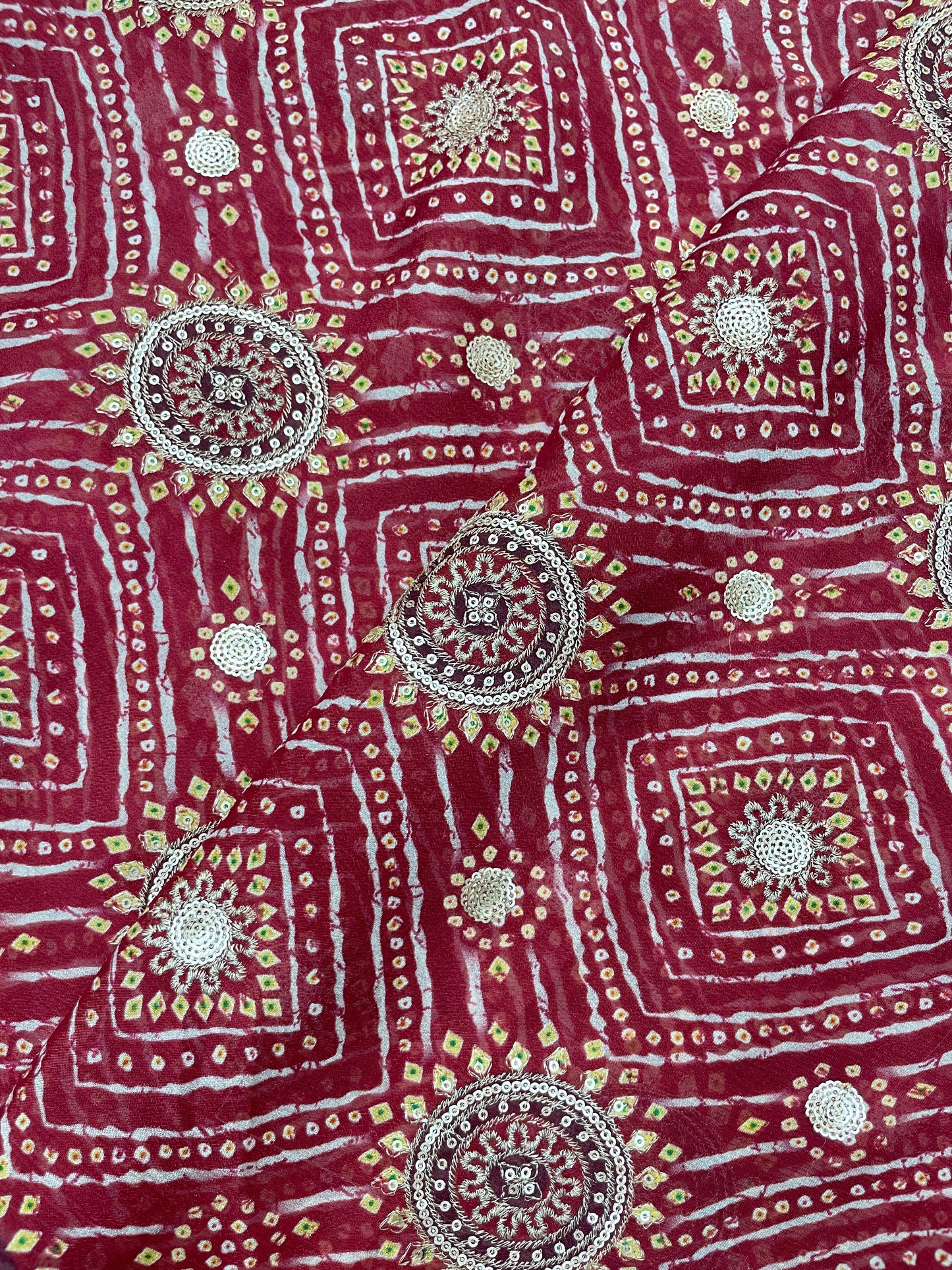 Premium Traditional Bandhani Print With Zari Work On Chinon Fabric