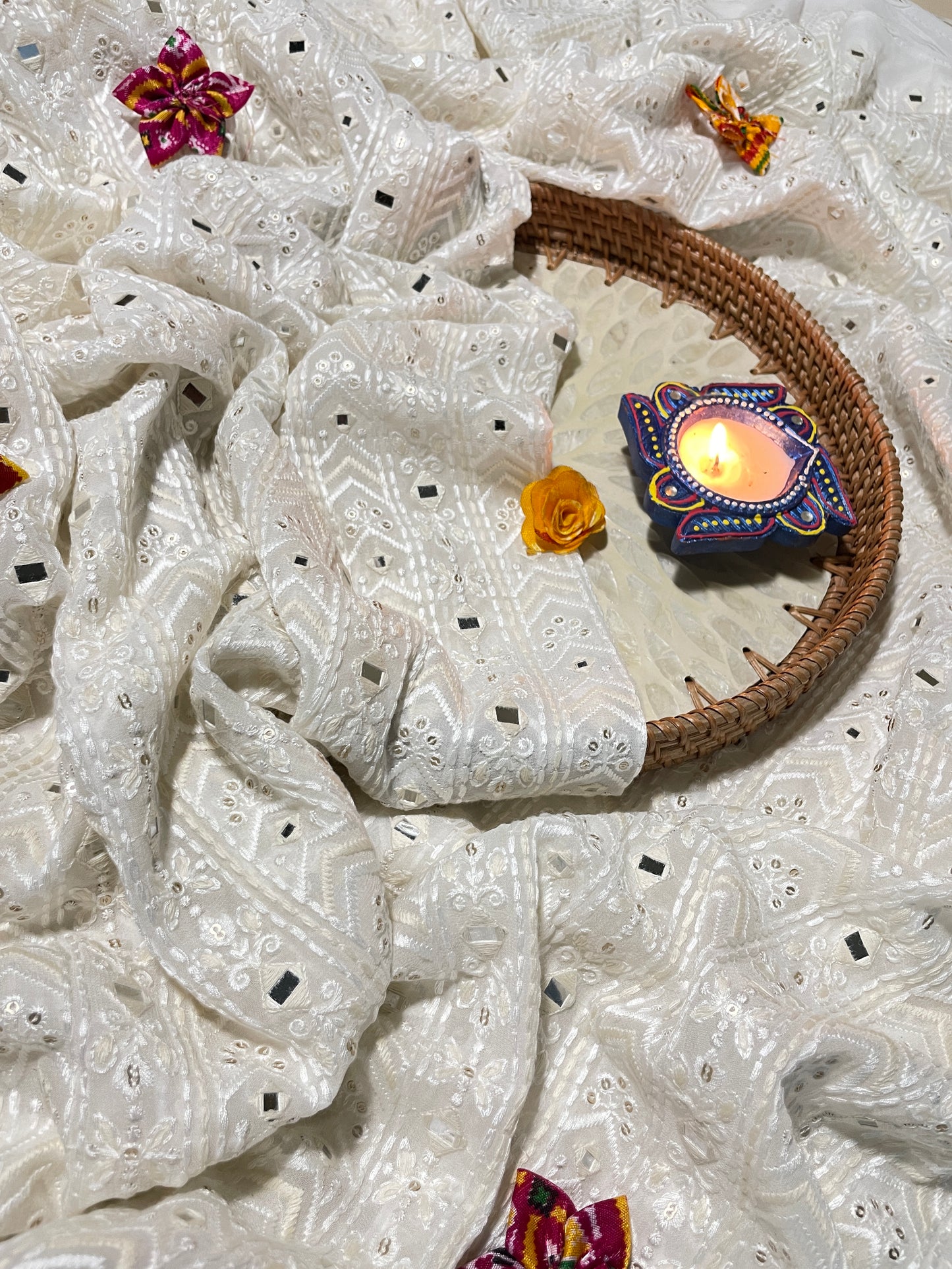 Classy Luxurious Thread Embroidery with Faux Mirror And Sequins Work on Dyeable Georgette