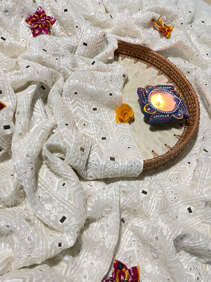Classy Luxurious Thread Embroidery with Faux Mirror And Sequins Work on Dyeable Georgette