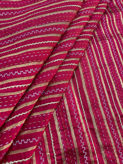 Pure Raw Silk Tissue Stripes With Hand Katha Work