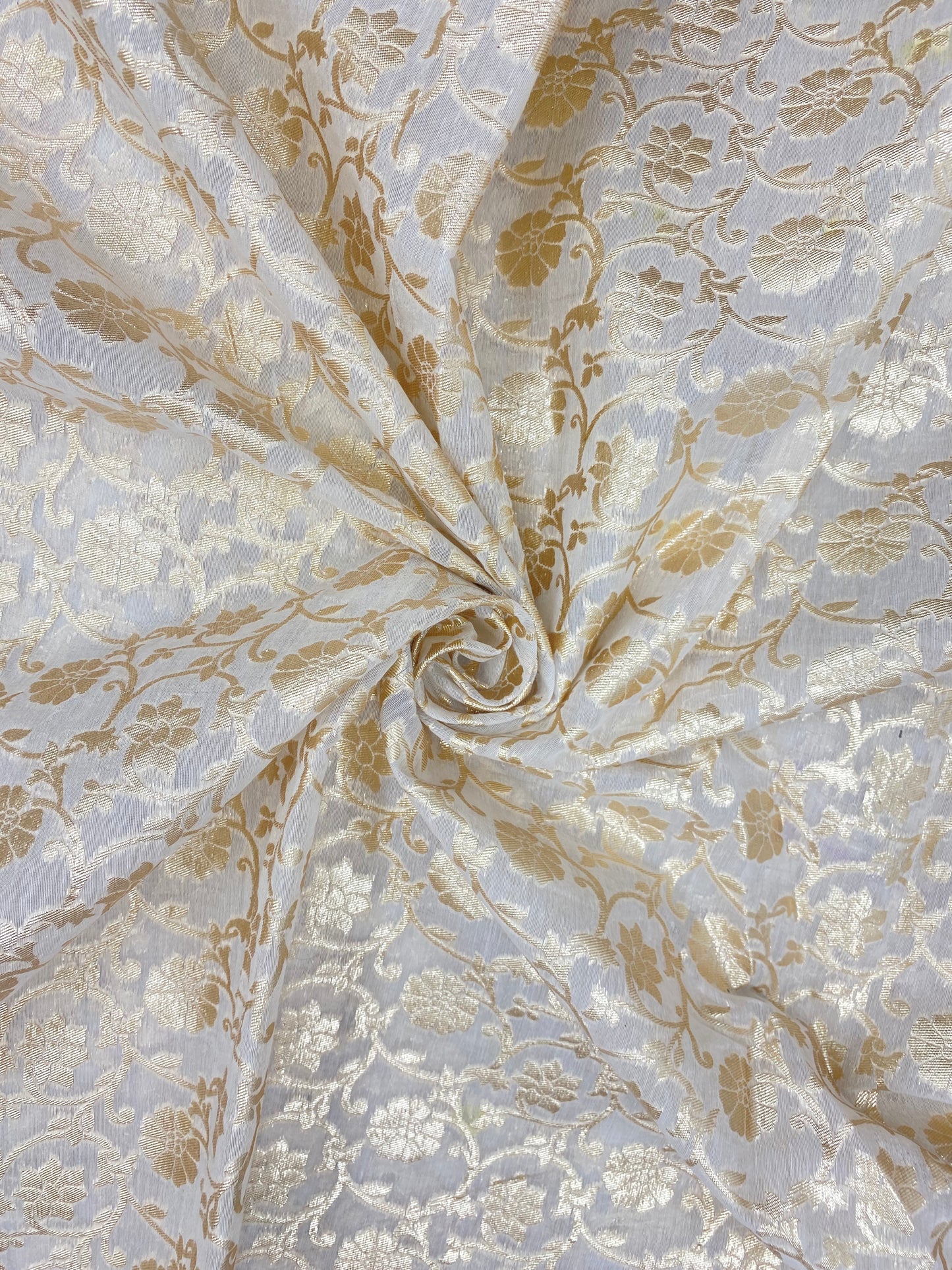 Beautiful Adorable Floral Golden Zari Work On White Dyeable Banarasi Chanderi Jacquard Fabric