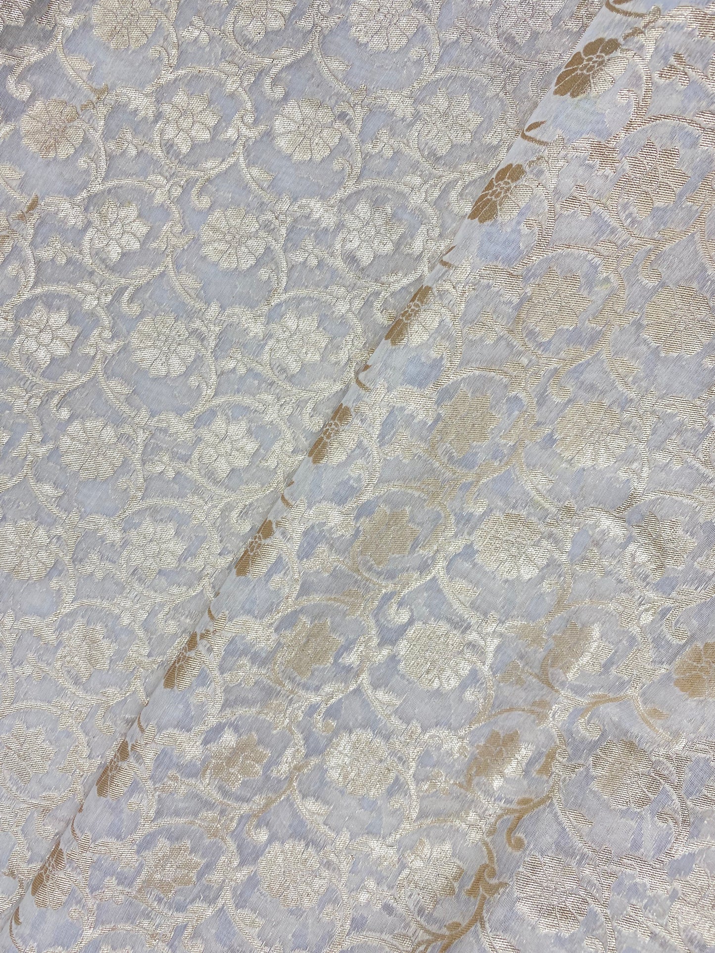 Beautiful Adorable Floral Golden Zari Work On White Dyeable Banarasi Chanderi Jacquard Fabric