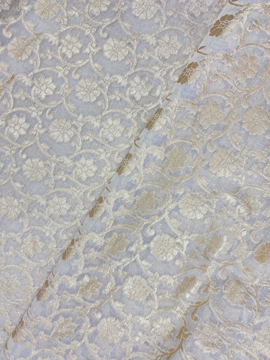 Beautiful Adorable Floral Golden Zari Work On White Dyeable Banarasi Chanderi Jacquard Fabric