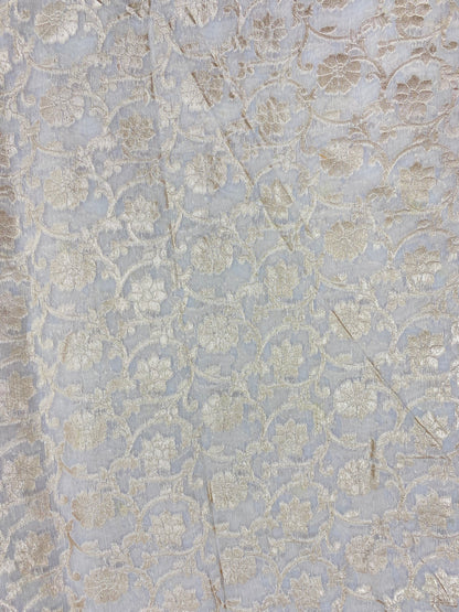 Beautiful Adorable Floral Golden Zari Work On White Dyeable Banarasi Chanderi Jacquard Fabric