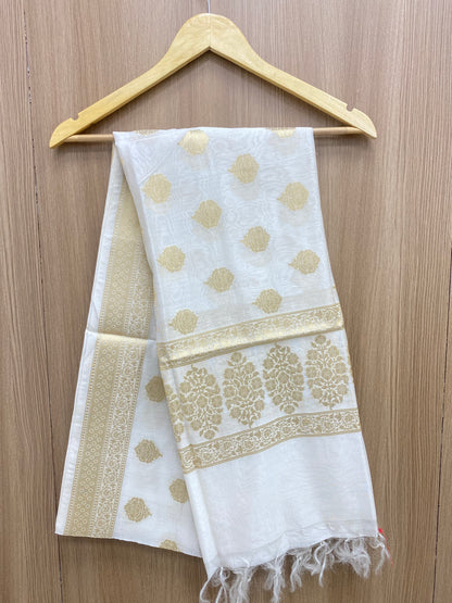 Exclusive Premium Golden Zari Traditional Motif Work On Dyeable Bnarasi Chanderi Jacquard Dupatta