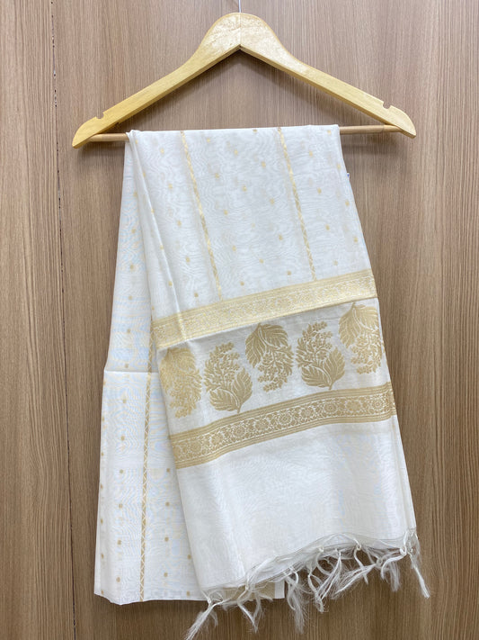 Subtle Yet Elegant Golden Zari Weaving All Over Dyeable Banarasi Chanderi Jacquard Dupatta