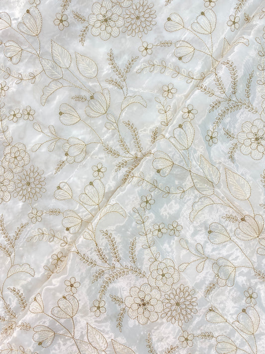 Subtle Pleasant Floral Thread Embroidery With Sequin Work On White Dyeable Crepe Fabric