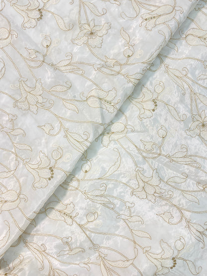 Exclusive Unique Tulip Shaped Floral Zari Embroidery With Sequin Work On White Dyeable Crepe Fabric