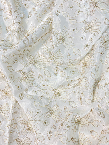 Brilliant Floral And Leafy Zari Embroidery With Sequin Work On White Dyeable Crepe Fabric