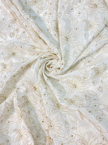 Brilliant Floral And Leafy Zari Embroidery With Sequin Work On White Dyeable Crepe Fabric