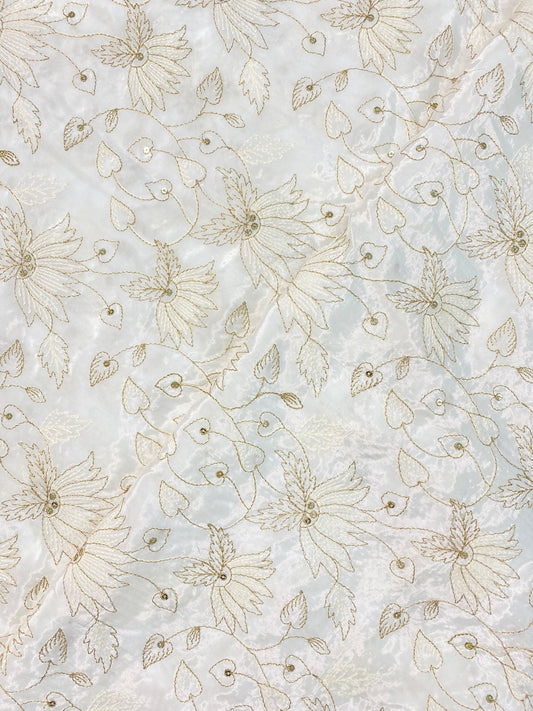Brilliant Floral And Leafy Zari Embroidery With Sequin Work On White Dyeable Crepe Fabric