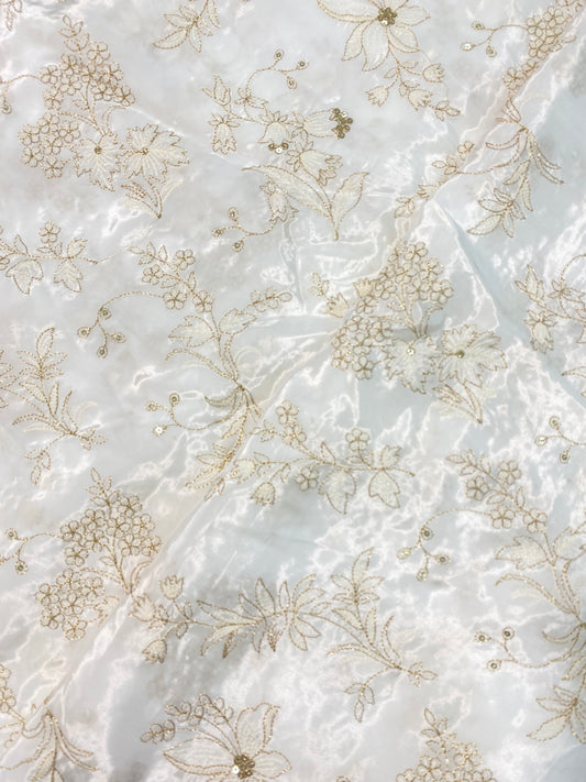 Stunning Dainty Floral And Leafy Zari Embroidery With Sequin Work On White Dyeable Crepe Fabric