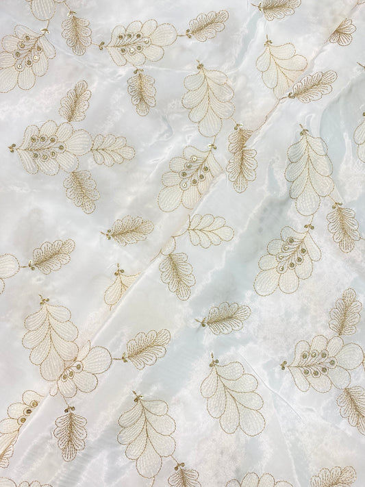 Luxurious Appealing Leafy Zari Embroidery With Sequin Work On White Dyeable Crepe Fabric