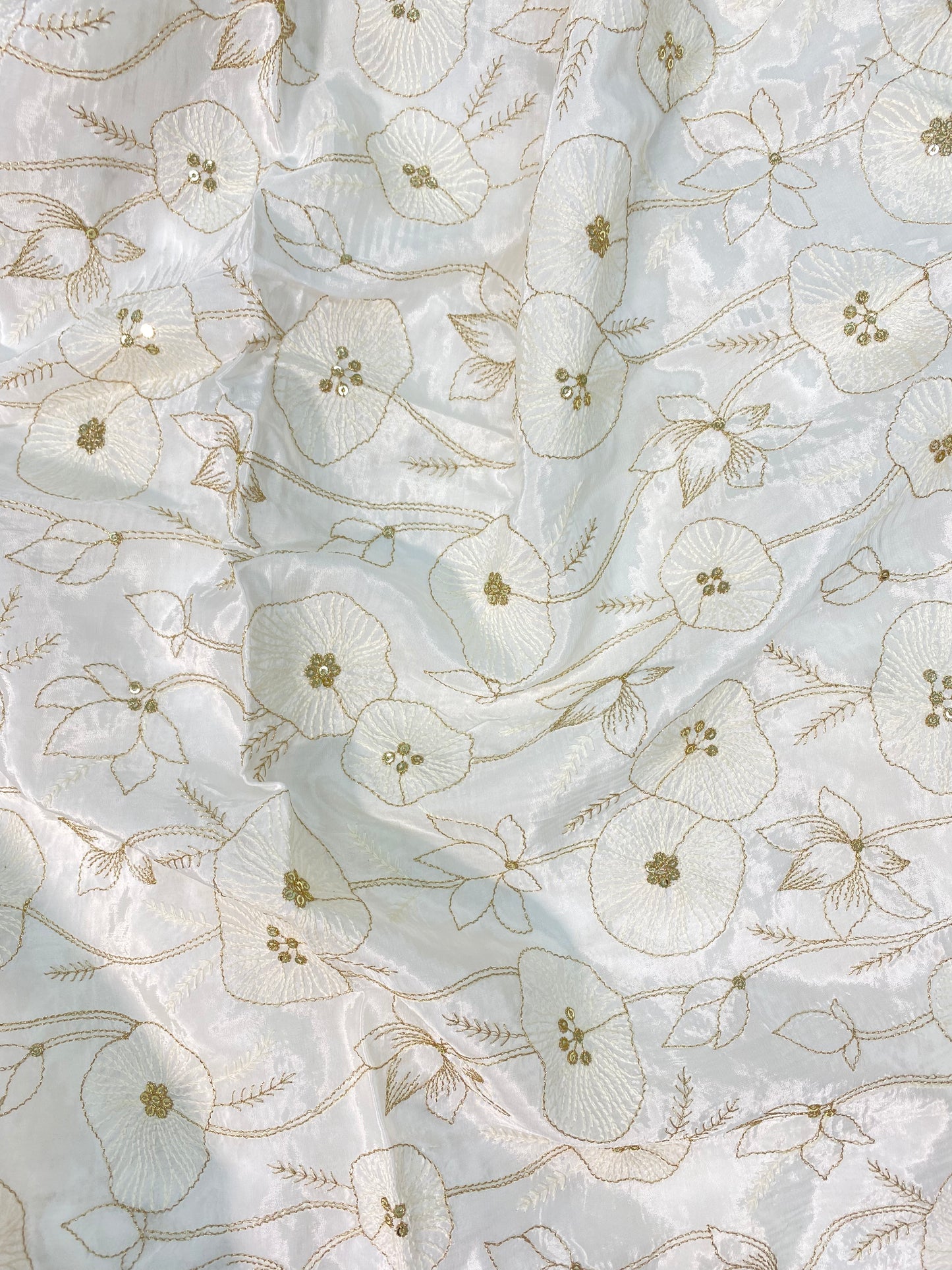 Subtle Yet Elegant Floral Thread And Zari Embroidery With Shiny Sequin Work On White Dyeable Crepe Fabric