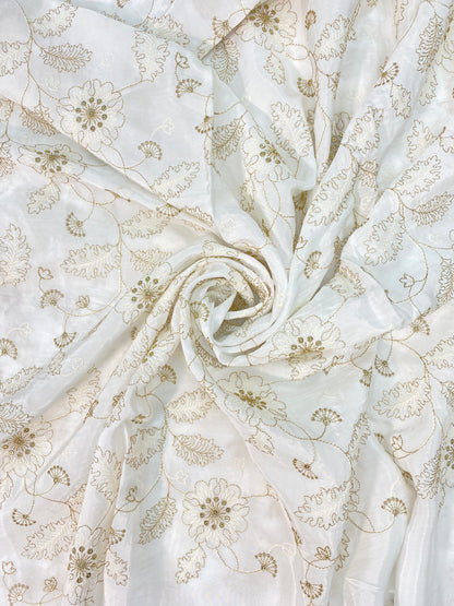 Classic Delicate Unique Flowers And Leaves Zari Embroidery With Sequin Work On White Dyeable Crepe Fabric