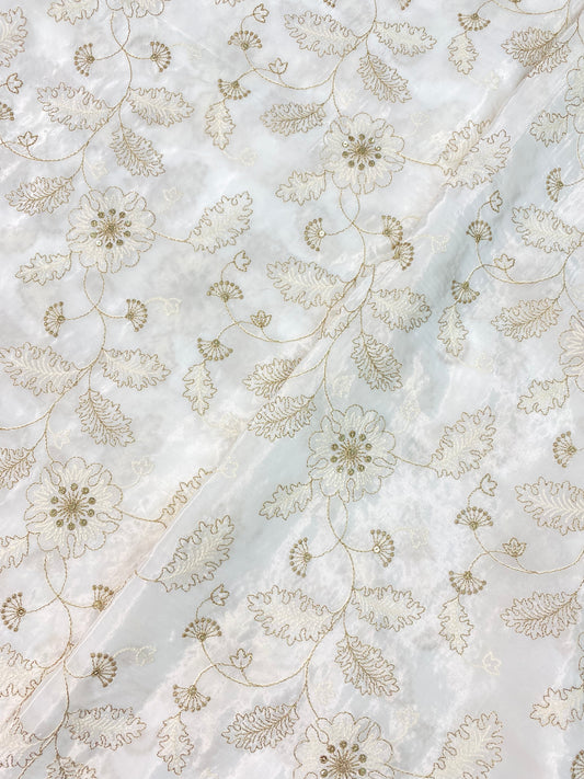 Classic Delicate Unique Flowers And Leaves Zari Embroidery With Sequin Work On White Dyeable Crepe Fabric