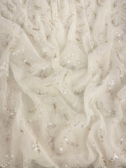 Elegant Classic Self Thread Embroidery With Silver Sequin And Golden Cut Dana Work On White Dyeable Georgette Fabric