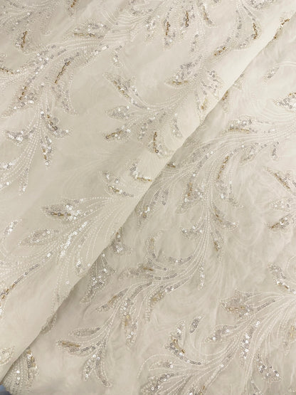 Elegant Classic Self Thread Embroidery With Silver Sequin And Golden Cut Dana Work On White Dyeable Georgette Fabric