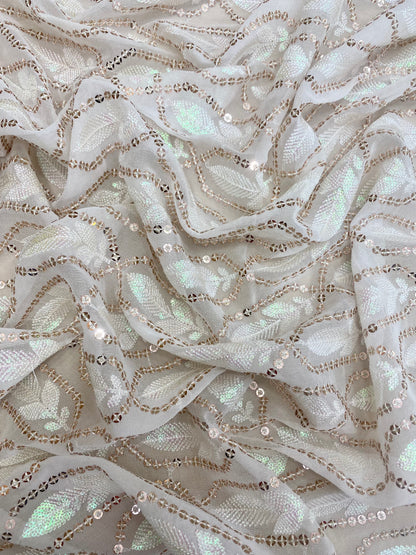 Unique And Attractive Rose Gold Sequin Embroidery Knitted With Premium Rainbow Sequin Work On White Dyeable Viscose Georgette Fabric