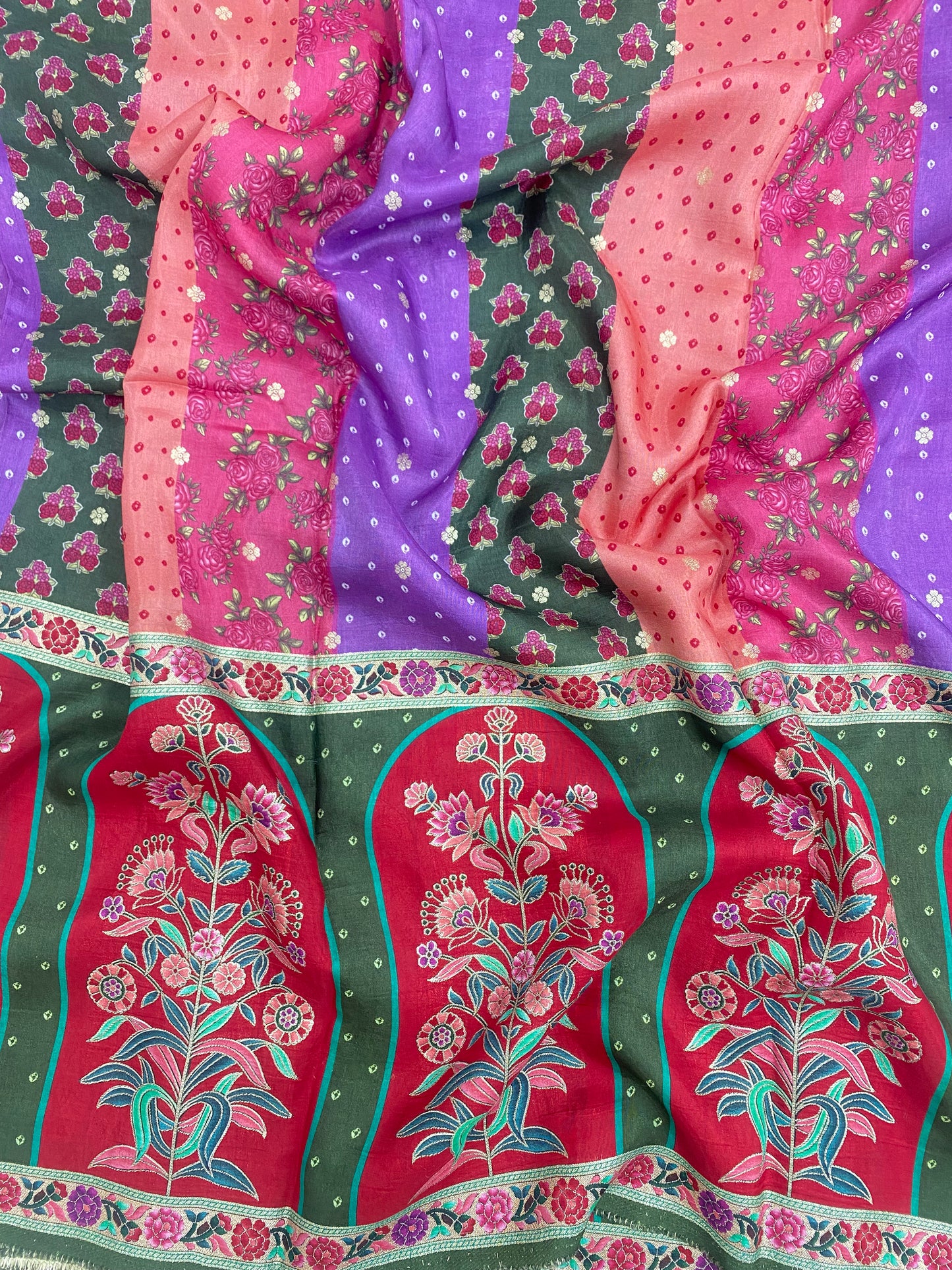 Very Luxurious Heavy Traditional Multi Color Print With Jacquard Weaving On Dola Silk Fabric