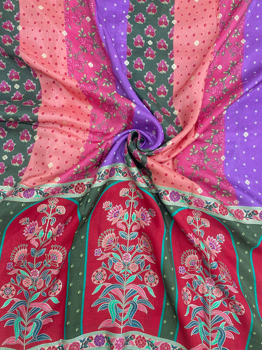 Very Luxurious Heavy Traditional Multi Color Print With Jacquard Weaving On Dola Silk Fabric