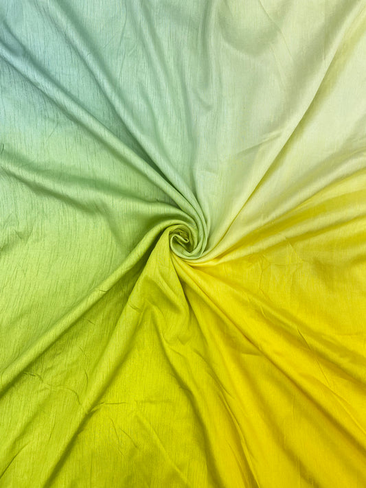 Superb Exclusive Bright Green-Yellow Multi Color Shade Print Mysore Raw Silk Fabric