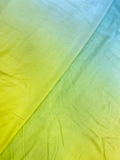 Superb Exclusive Bright Green-Yellow Multi Color Shade Print Mysore Raw Silk Fabric