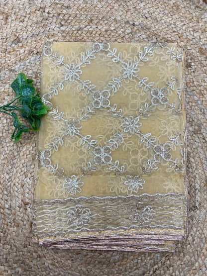 Premium Exclusive Shiny Sparkly Floral Golden Zari Work On Organza Duapatta