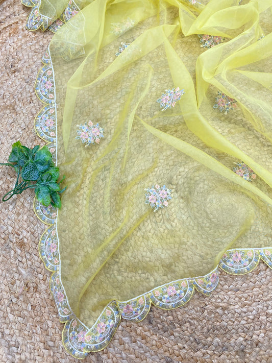 Pretty Eye Catching Minimal Floral Thread Embroidery With Dainty Sequin Work On Yellow Organza Dupatta