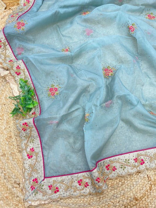 Adorable Gracious Floral Thread Embroidery With Golden Stone Work And Zari Work On Organza Dupatta