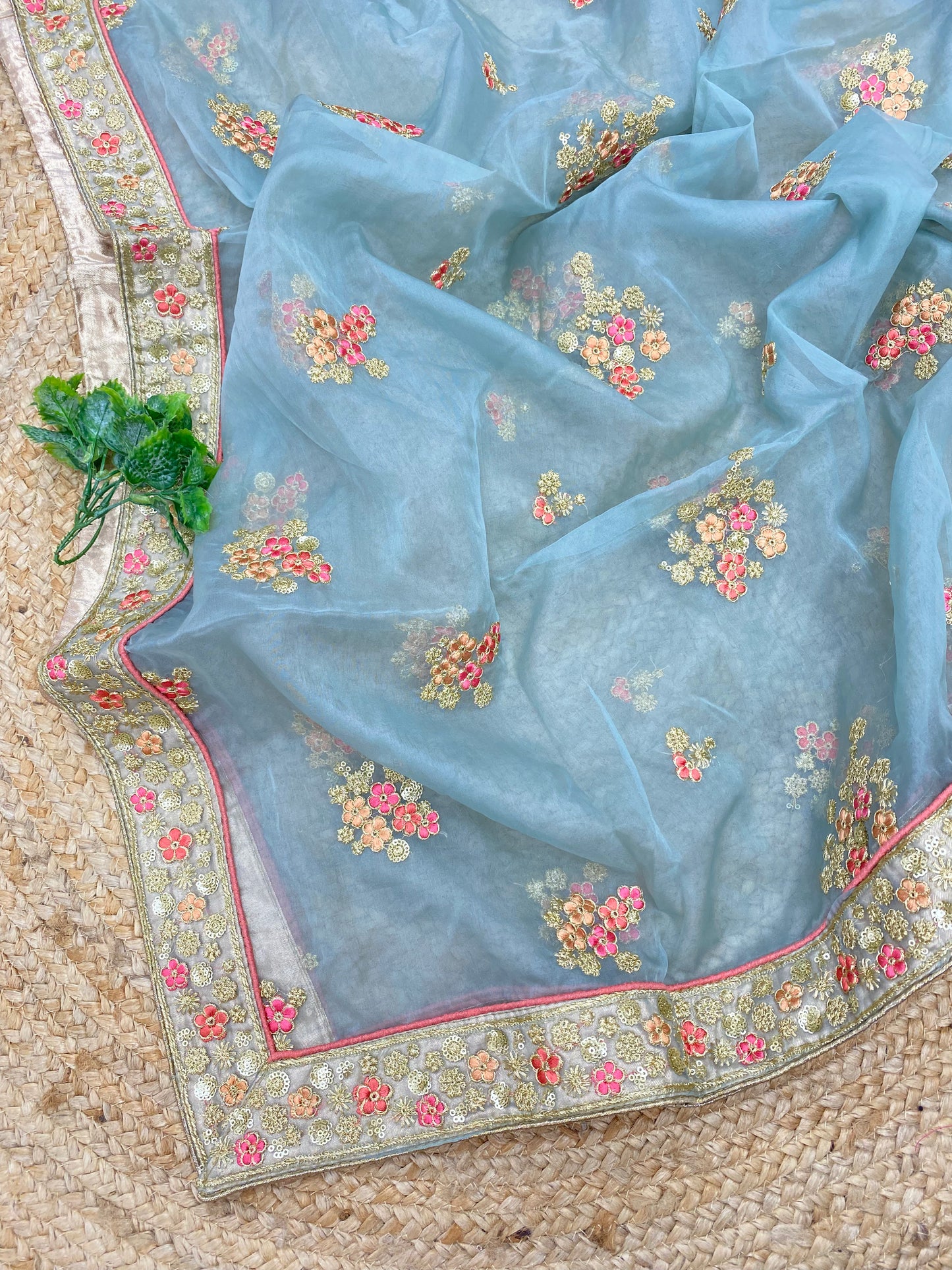 Unique Beautiful Multi Color Thread Embroidery With Golden Sequin And Zari Work On Organza Dupatta