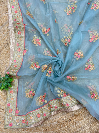 Unique Beautiful Multi Color Thread Embroidery With Golden Sequin And Zari Work On Organza Dupatta