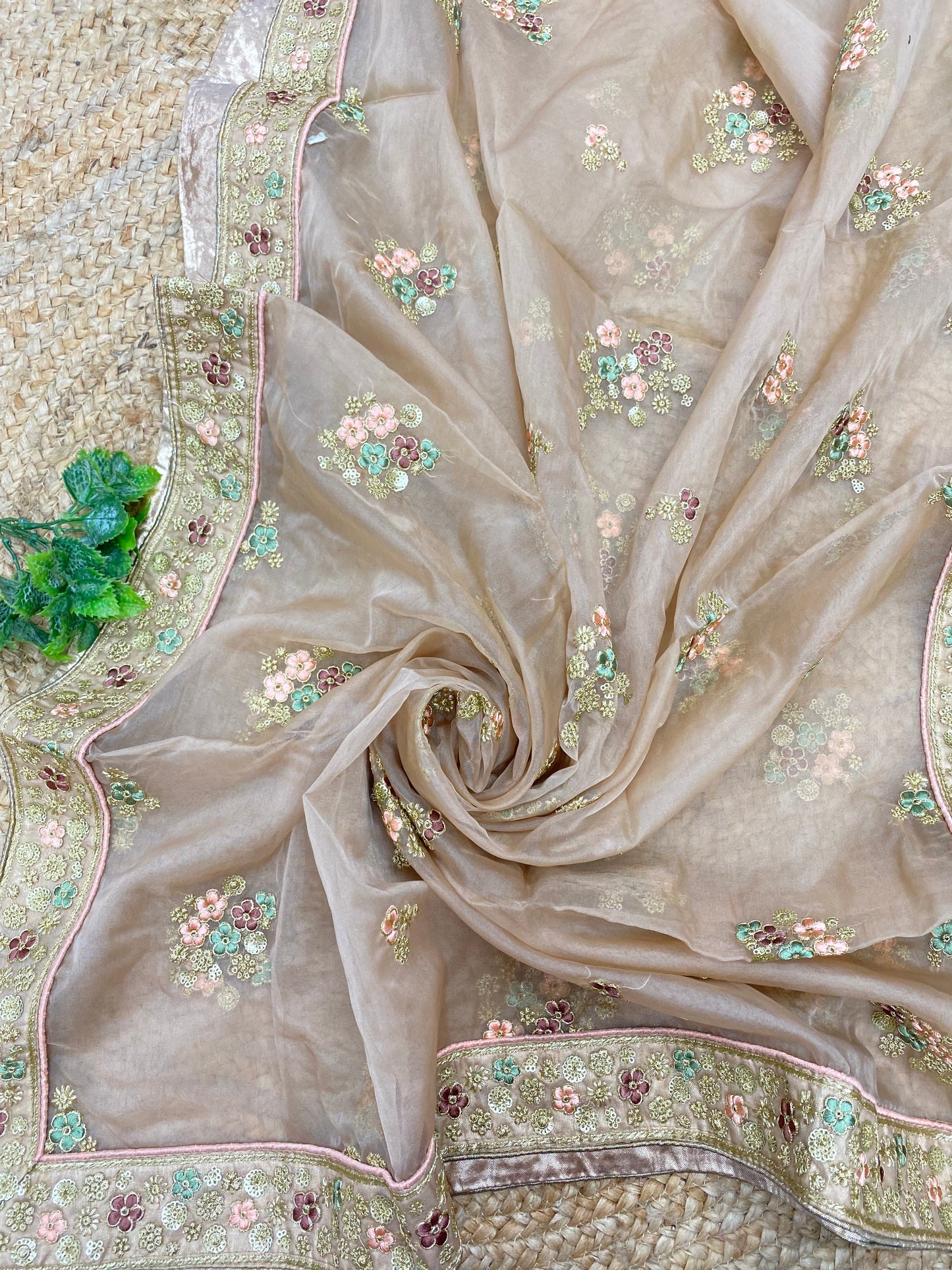 Unique Beautiful Multi Color Thread Embroidery With Golden Sequin And Zari Work On Organza Dupatta