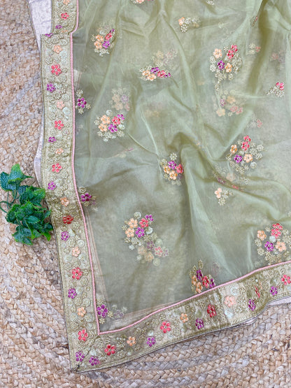 Unique Beautiful Multi Color Thread Embroidery With Golden Sequin And Zari Work On Organza Dupatta