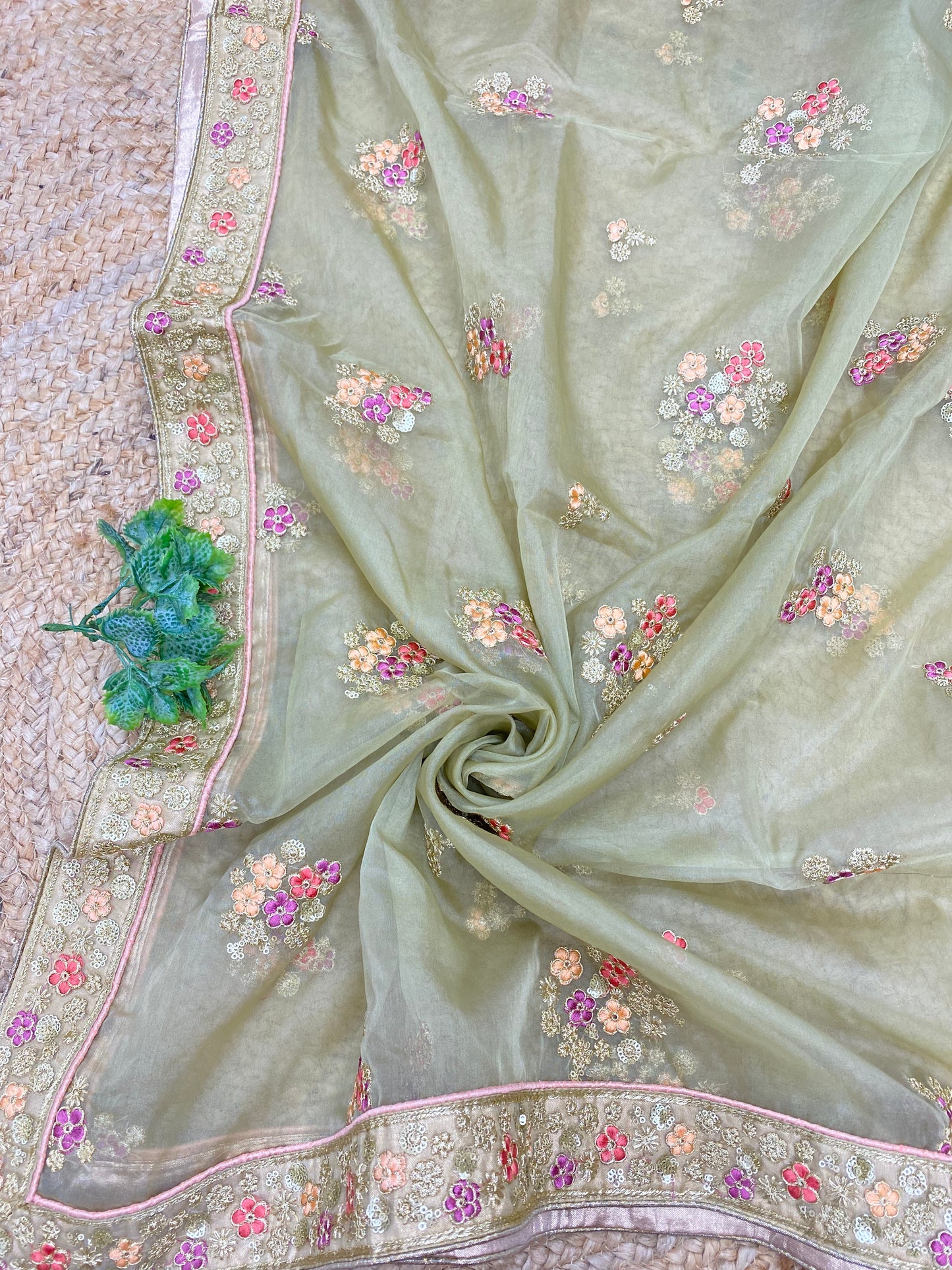 Unique Beautiful Multi Color Thread Embroidery With Golden Sequin And Zari Work On Organza Dupatta