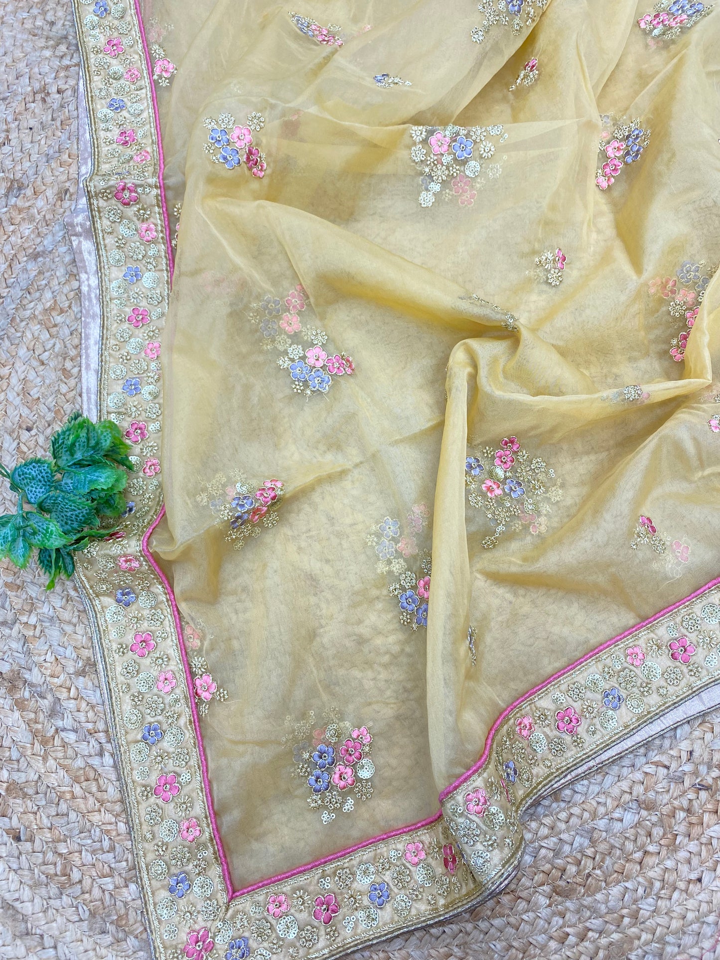 Unique Beautiful Multi Color Thread Embroidery With Golden Sequin And Zari Work On Organza Dupatta