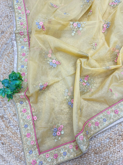 Unique Beautiful Multi Color Thread Embroidery With Golden Sequin And Zari Work On Organza Dupatta