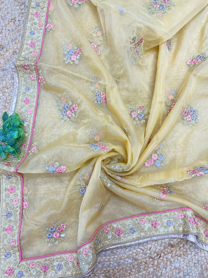 Unique Beautiful Multi Color Thread Embroidery With Golden Sequin And Zari Work On Organza Dupatta