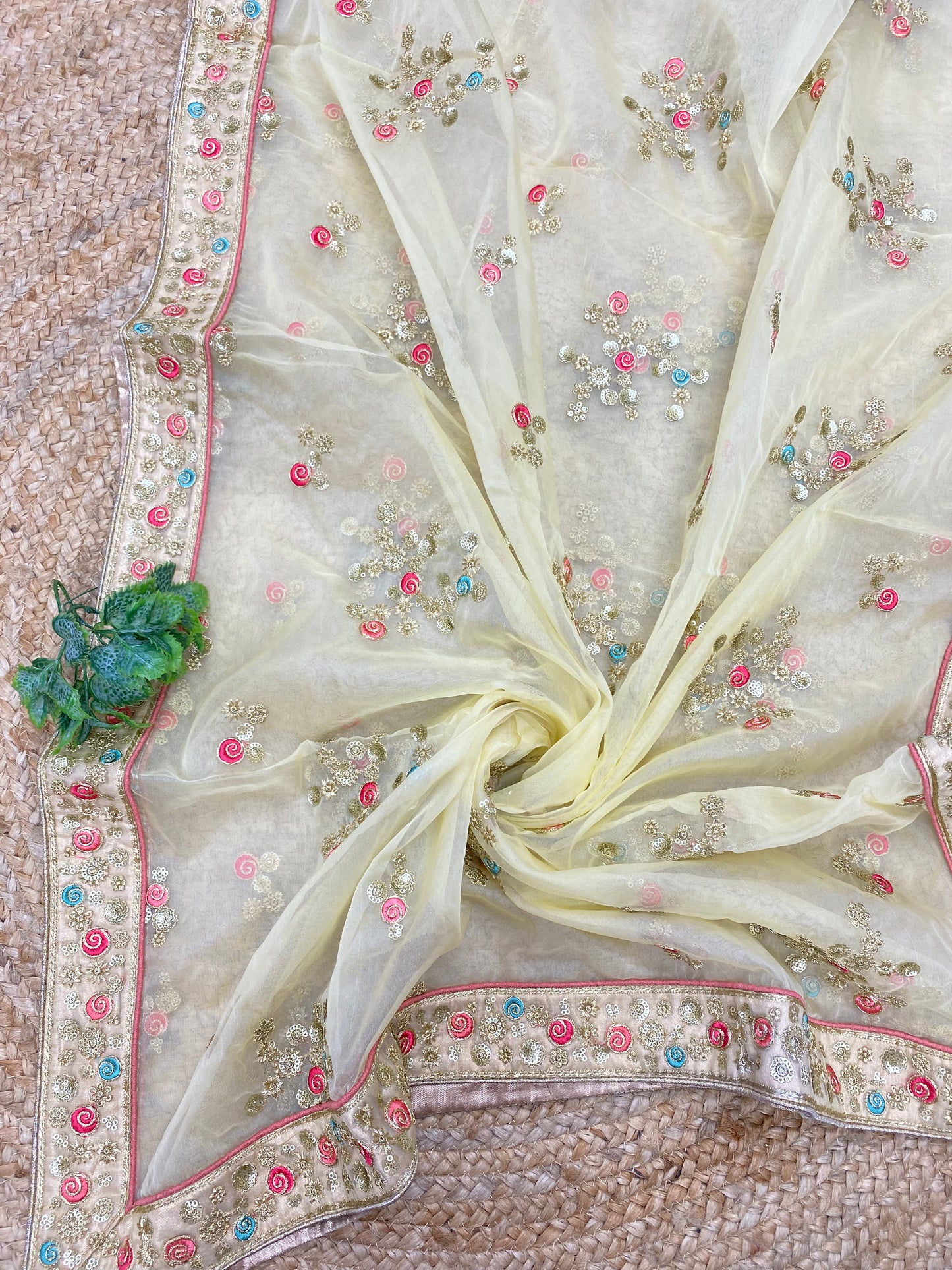 Luxurious Perfect Delicate Thread Embroidery With Golden Sequin And Zari Work On Organza Dupatta