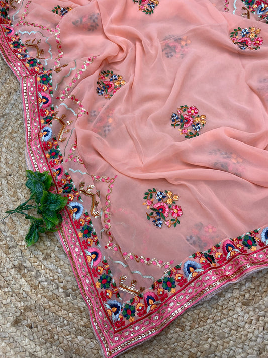 Brilliant Gorgeous Multi Color Floral Thread Embroidery With Sequin And Zari Work On Polyester Georgette Dupatta