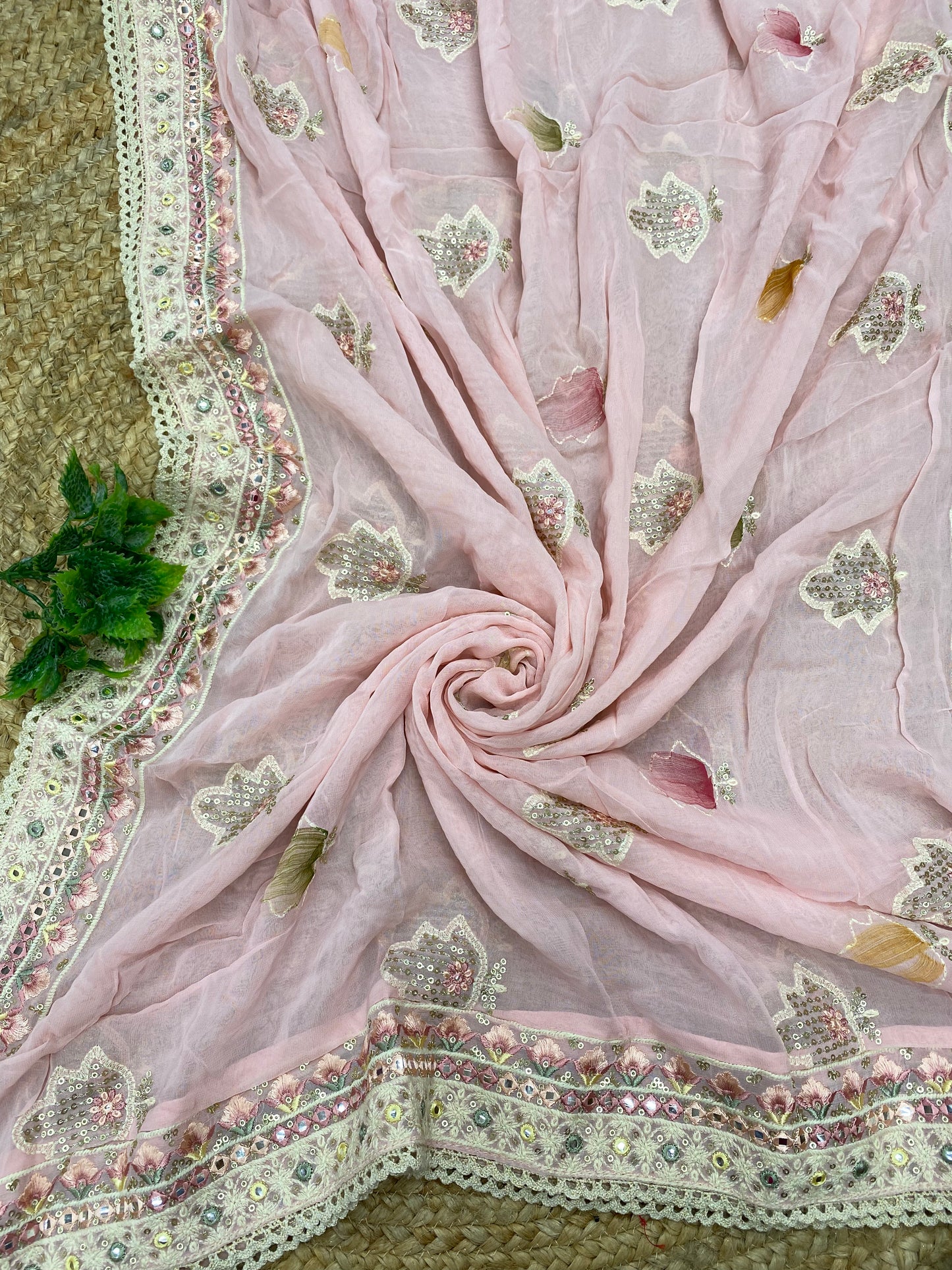 Brilliant Luxurious Minimal Floral Thread Embroidery And Striking Print With Sequin Work On Viscose Georgette Dupatta